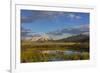 Sawtell Peak reflects in wetlands with herd of pronghorn antelope look on in the Red Rocks National-Chuck Haney-Framed Photographic Print