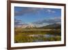 Sawtell Peak reflects in wetlands with herd of pronghorn antelope look on in the Red Rocks National-Chuck Haney-Framed Photographic Print