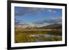 Sawtell Peak reflects in wetlands with herd of pronghorn antelope look on in the Red Rocks National-Chuck Haney-Framed Photographic Print