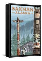 Saxman, Alaska - Totem Scene-Lantern Press-Framed Stretched Canvas