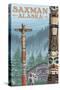 Saxman, Alaska - Totem Scene-Lantern Press-Stretched Canvas