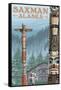 Saxman, Alaska - Totem Scene-Lantern Press-Framed Stretched Canvas