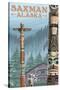 Saxman, Alaska - Totem Scene-Lantern Press-Stretched Canvas