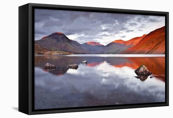 Scafell Range across Reflective Waters of Wast Water, Lake District Nat'l Pk, Cumbria, England, UK-Julian Elliott-Framed Stretched Canvas