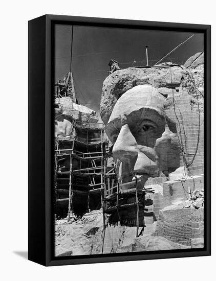 Scaffolding around Head of Abraham Lincoln, Partially Sculptured During Mt. Rushmore Construction-Alfred Eisenstaedt-Framed Stretched Canvas