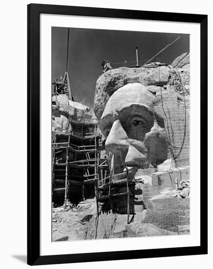 Scaffolding around Head of Abraham Lincoln, Partially Sculptured During Mt. Rushmore Construction-Alfred Eisenstaedt-Framed Photographic Print