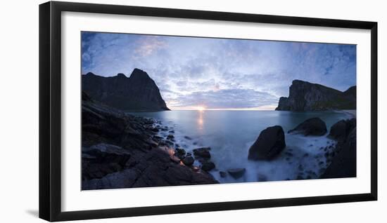 Scandinavia, Norway, Lofoten, Moskenesoey, Kvalvika, Sea-Bay, Sunset, Cloudy-Mood-Rainer Mirau-Framed Photographic Print