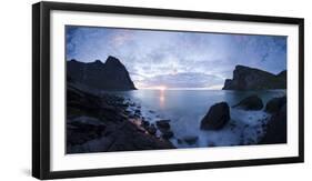 Scandinavia, Norway, Lofoten, Moskenesoey, Kvalvika, Sea-Bay, Sunset, Cloudy-Mood-Rainer Mirau-Framed Photographic Print