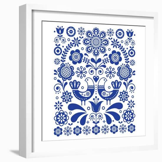 Scandinavian Cute Folk Art Vector Decoration with Birds and Flowers, Scandinavian Navy Blue Floral-RedKoala-Framed Art Print