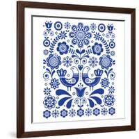 Scandinavian Cute Folk Art Vector Decoration with Birds and Flowers, Scandinavian Navy Blue Floral-RedKoala-Framed Art Print