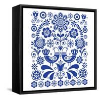 Scandinavian Cute Folk Art Vector Decoration with Birds and Flowers, Scandinavian Navy Blue Floral-RedKoala-Framed Stretched Canvas