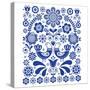 Scandinavian Cute Folk Art Vector Decoration with Birds and Flowers, Scandinavian Navy Blue Floral-RedKoala-Stretched Canvas