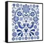 Scandinavian Cute Folk Art Vector Decoration with Birds and Flowers, Scandinavian Navy Blue Floral-RedKoala-Framed Stretched Canvas