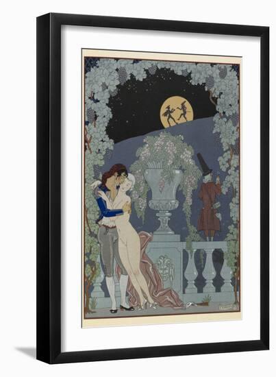 Scaramouche and Pulcinelle Man embracing a naked woman Two figues in silhouette against the moon-Georges Barbier-Framed Giclee Print