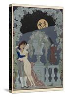 Scaramouche and Pulcinelle Man embracing a naked woman Two figues in silhouette against the moon-Georges Barbier-Stretched Canvas