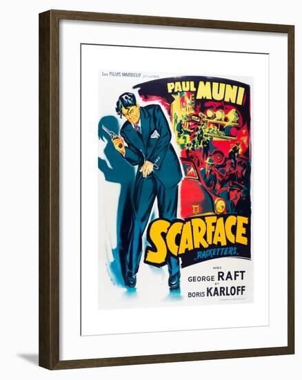 SCARFACE, Paul Muni on French poster art, 1932.-null-Framed Art Print