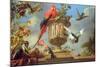 Scarlet Macaw Perched on an Urn, with Other Birds and a Monkey Eating Grapes-Melchior de Hondecoeter-Mounted Giclee Print