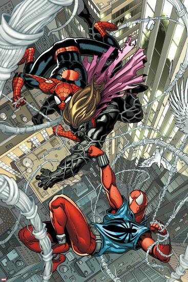 Scarlet Spider No.1: Spider-Man and Scarlet Spider Fighting and Falling-Ryan Stegman-Lamina Framed Poster