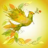 Green Dove with Flower Branch and Autumn Leaves-Scarlet Starlet-Laminated Art Print