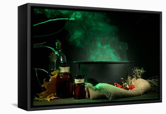 Scary Halloween Laboratory on Dark Color Background-Yastremska-Framed Stretched Canvas