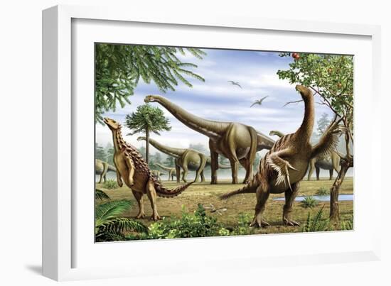 Scelidosaurus, Nothronychus and Argentinosaurus Dinosarus Grazing on Leaves-Stocktrek Images-Framed Art Print