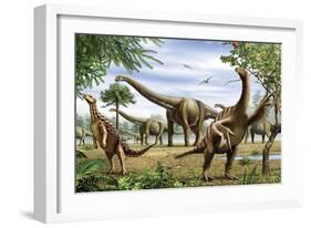 Scelidosaurus, Nothronychus and Argentinosaurus Dinosarus Grazing on Leaves-Stocktrek Images-Framed Art Print