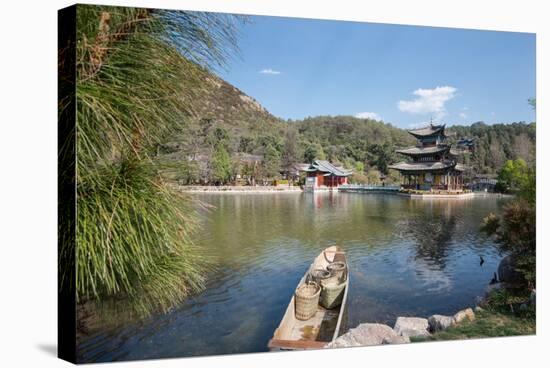 Scene at Black Dragon Pool (Heilongtan) with Boat Carrying Wicker Baskets-Andreas Brandl-Stretched Canvas