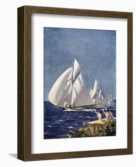 Scene at Cowes Regatta, Sailing Ships Fly Past as the Wind Fills Their Billowing White Sails-T. Friedenson-Framed Photographic Print