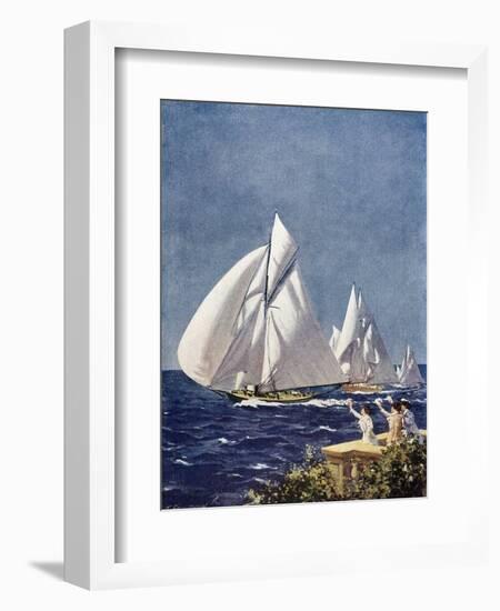 Scene at Cowes Regatta, Sailing Ships Fly Past as the Wind Fills Their Billowing White Sails-T. Friedenson-Framed Photographic Print