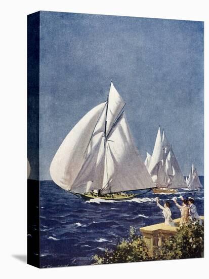 Scene at Cowes Regatta, Sailing Ships Fly Past as the Wind Fills Their Billowing White Sails-T. Friedenson-Stretched Canvas