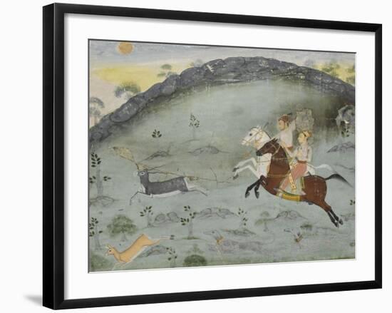 Scène de chasse: le sultan Amar Singh et un prince poursuivant deux gazelles-null-Framed Premium Giclee Print