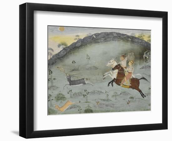 Scène de chasse: le sultan Amar Singh et un prince poursuivant deux gazelles-null-Framed Premium Giclee Print