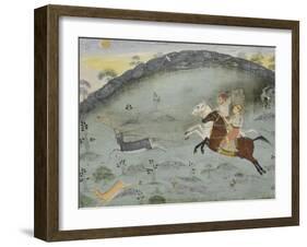 Scène de chasse: le sultan Amar Singh et un prince poursuivant deux gazelles-null-Framed Giclee Print