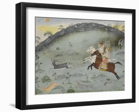 Scène de chasse: le sultan Amar Singh et un prince poursuivant deux gazelles-null-Framed Giclee Print
