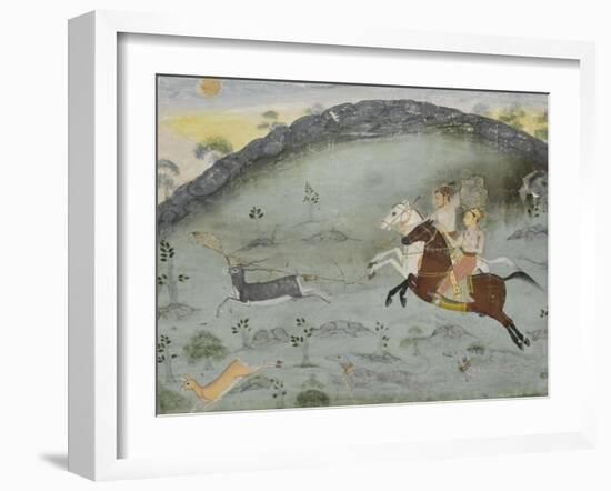 Scène de chasse: le sultan Amar Singh et un prince poursuivant deux gazelles-null-Framed Giclee Print