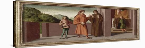Scène de vie de saint Jean Gualbert. Saint Jean Gualbert prend l'habit monastique malgré la-null-Stretched Canvas