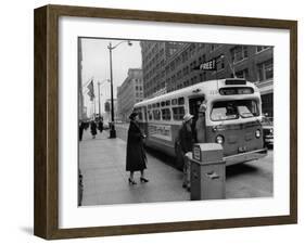 Scene from Seattle During Free Ride Day, with People Boarding a Bus-null-Framed Photographic Print