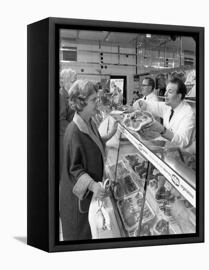Scene Inside a Butchers Shop, Doncaster, South Yorkshire, 1965-Michael Walters-Framed Stretched Canvas