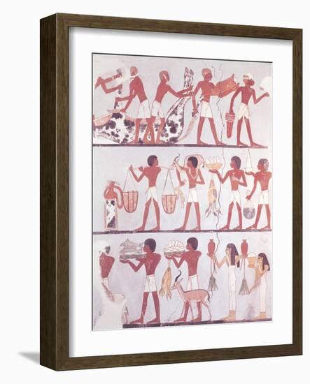 Scene of Butchers and Servants Bringing Offerings, from the Tomb of Onsou, circa 1375 BC-null-Framed Giclee Print