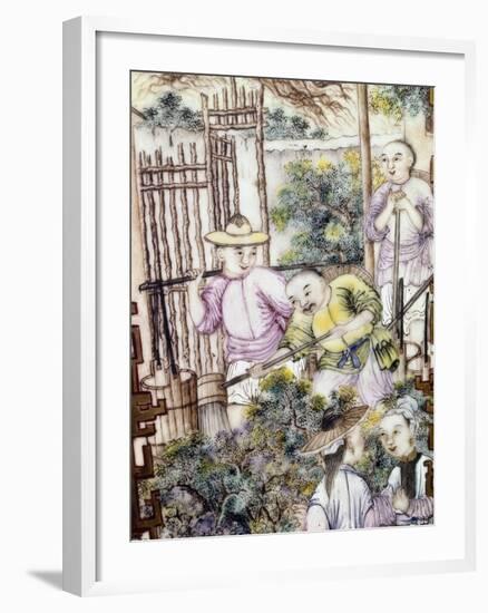 Scene of Tea Cultivation, Irrigation, Decorative Detail from Vase, Ceramic, China, 18th Century-null-Framed Giclee Print