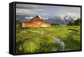 Scenic Landscape Image of the Moulton Barn with Storm Clouds, Grand Teton National Park, Wyoming-Adam Barker-Framed Stretched Canvas