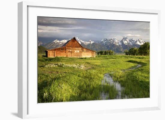 Scenic Landscape Image of the Moulton Barn with Storm Clouds, Grand Teton National Park, Wyoming-Adam Barker-Framed Photographic Print