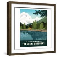 Scenic Landscape with Mountains, Forest and Lake with Camping Tents. Summer Travel Poster or Sticke-teddyandmia-Framed Photographic Print