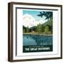 Scenic Landscape with Mountains, Forest and Lake with Camping Tents. Summer Travel Poster or Sticke-teddyandmia-Framed Photographic Print