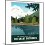 Scenic Landscape with Mountains, Forest and Lake with Camping Tents. Summer Travel Poster or Sticke-teddyandmia-Mounted Photographic Print