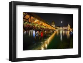 Scenic Night View of the Chapel Bridge, Lucerne-George Oze-Framed Photographic Print