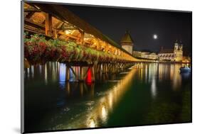 Scenic Night View of the Chapel Bridge, Lucerne-George Oze-Mounted Photographic Print