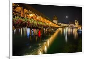 Scenic Night View of the Chapel Bridge, Lucerne-George Oze-Framed Photographic Print