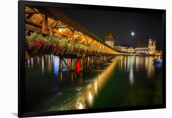 Scenic Night View of the Chapel Bridge, Lucerne-George Oze-Framed Photographic Print