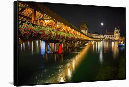 Scenic Night View of the Chapel Bridge, Lucerne-George Oze-Framed Stretched Canvas
